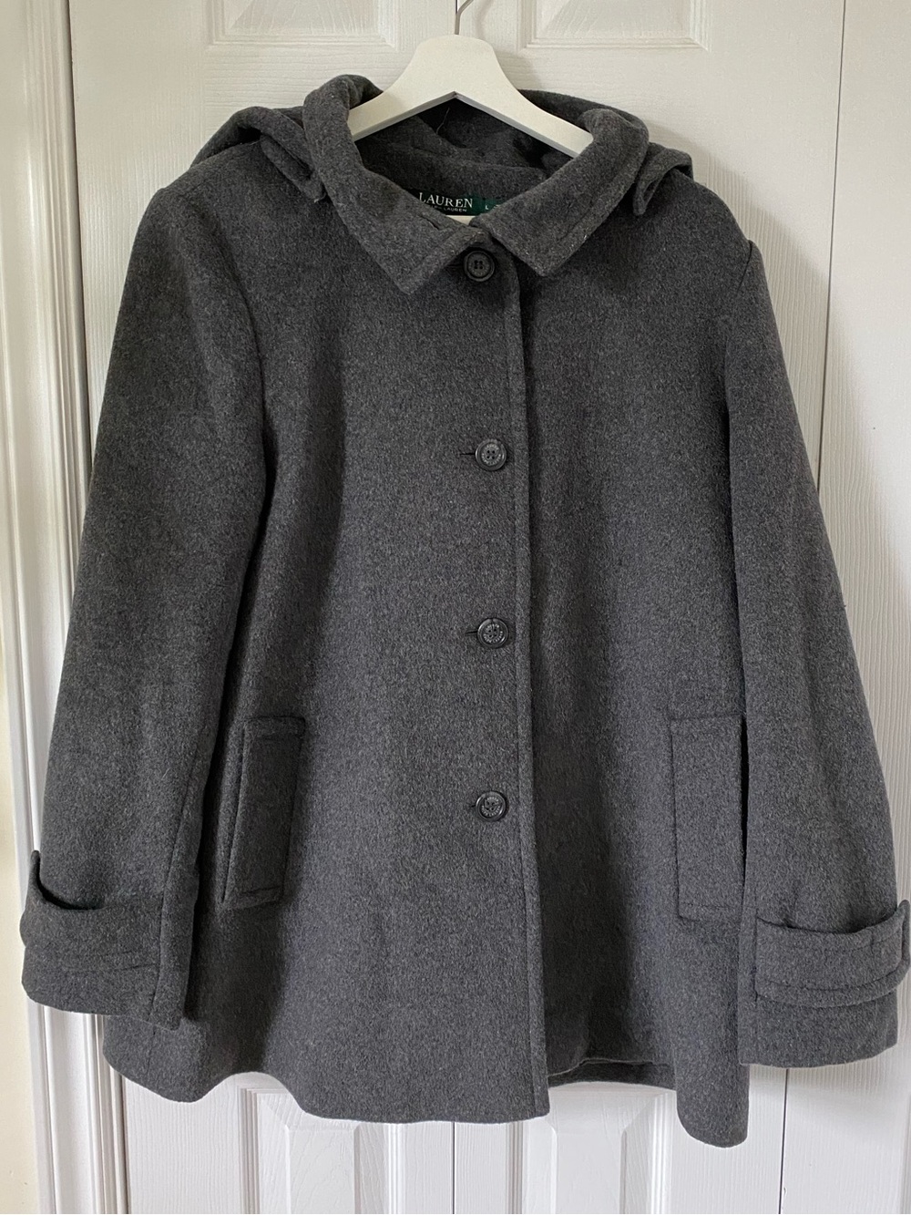 Ralph Lauren Hooded Walker Coat Classic Single Breasted Wool Blend Grey sz Large